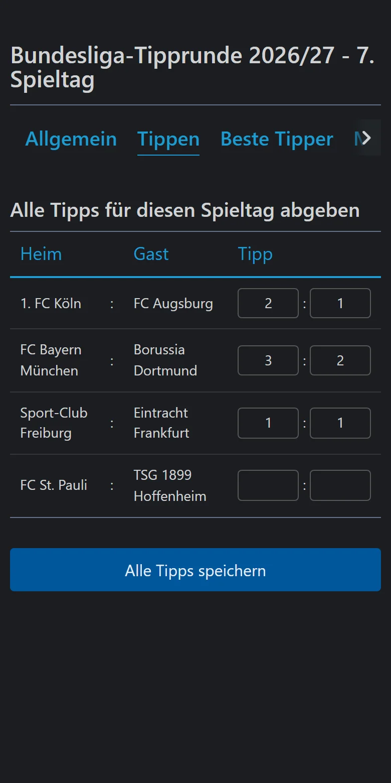 Bundesliga-Tipprunde mit Spieltag, Tipps und Tabelle